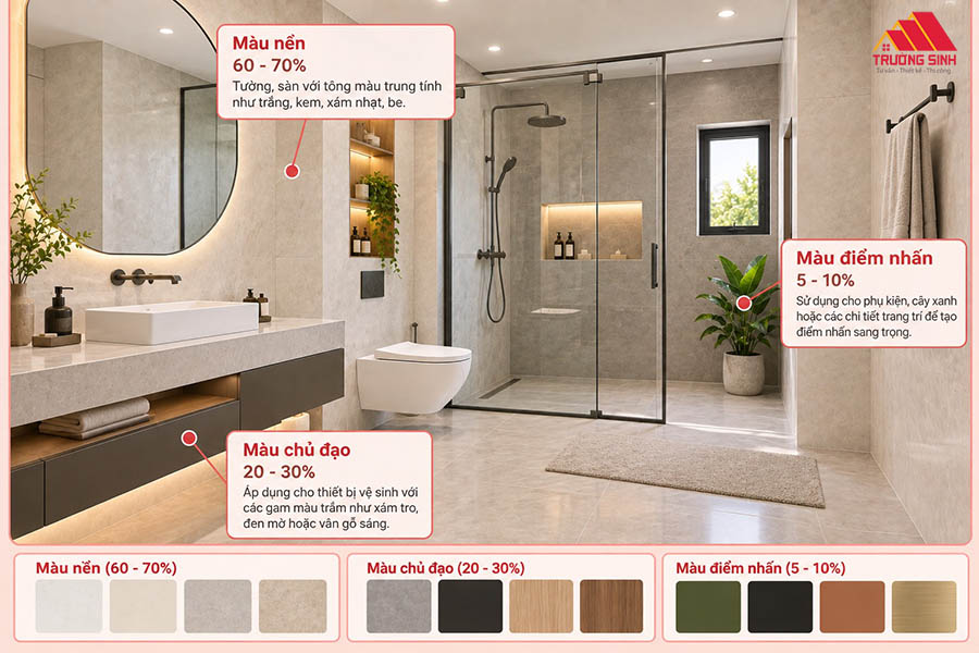 Thiết kế phòng tắm tối giản với nguyên tắc phối 3 màu