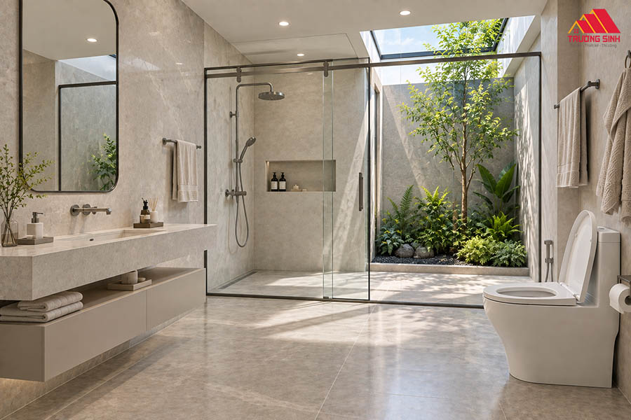 Thiết kế phòng tắm với giếng trời và cây xanh