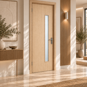 Mẫu cửa Composite có ô kính màu gỗ sáng hiện đại