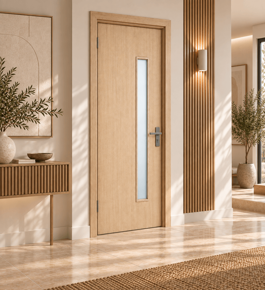 Mẫu cửa Composite có ô kính màu gỗ sáng hiện đại