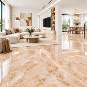 Không gian phòng khách và bếp sử dụng gạch Porcelain 8501