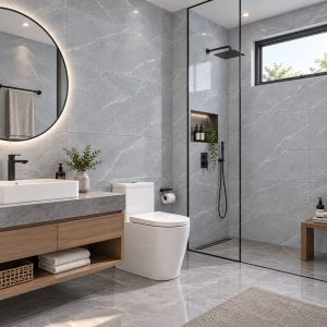 Không gian nhà vệ sinh đơn giản, sạch sẽ với gạch ốp tường màu sáng