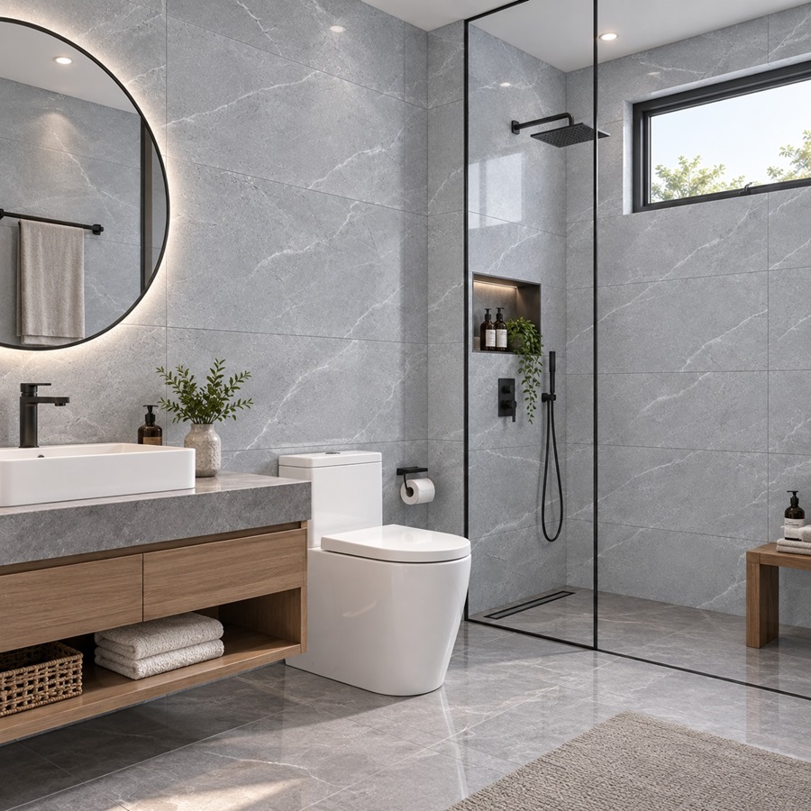 Không gian nhà vệ sinh đơn giản, sạch sẽ với gạch ốp tường màu sáng
