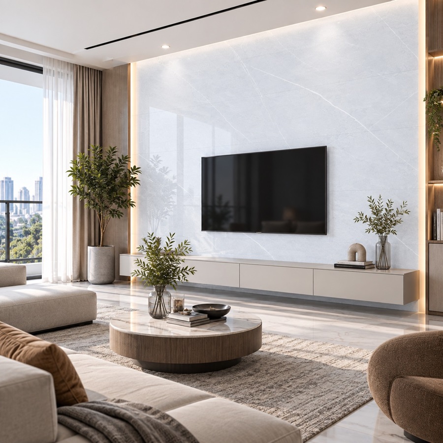 Thiết kế gạch ốp tường làm vách tường treo TV tuyệt đẹp