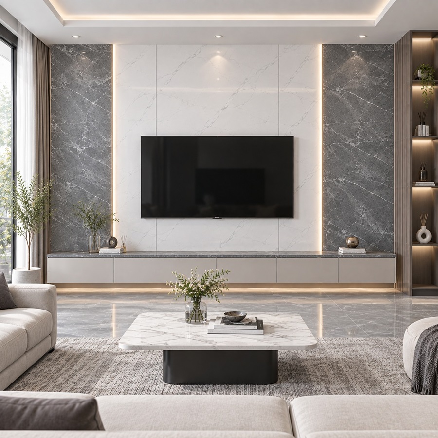 Thiết kế phòng khách với vách treo TV có ốp gạch ở 2 bên tạo điểm nhấn