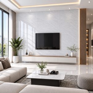 Thiết kế phòng khách sử dụng gạch ốp sang trọng, hiện đại