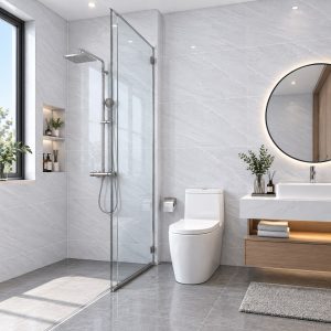Thiết kế nhà vệ sinh sáng thoáng, sạch sẽ với gạch ốp sáng màu
