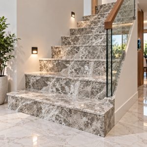 Đá ốp cầu thang Marble Burdur Brown đẹp, cuốn hút
