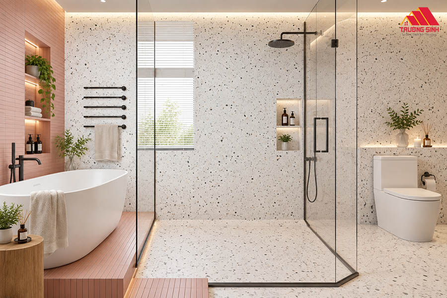 Gạch lát nền nhà tắm terrazzo vẻ đẹp chấm bi độc đáo