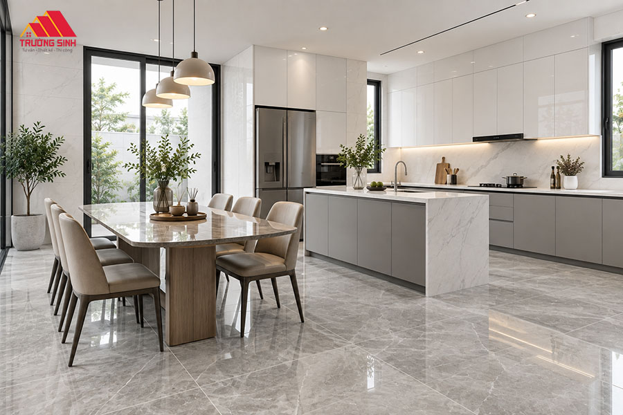 Phòng bếp ăn với nền gạch xám, tường gạch trắng