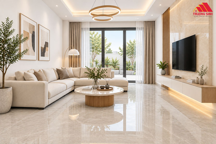 Phòng khách nền gạch màu be tường kem nhẹ nhàng