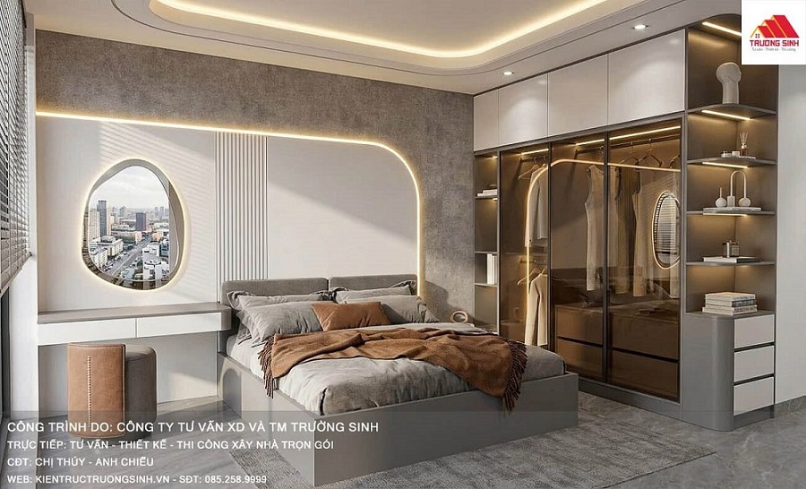 Thiết kế phòng ngủ với gạch lát nền, ốp tường màu xám
